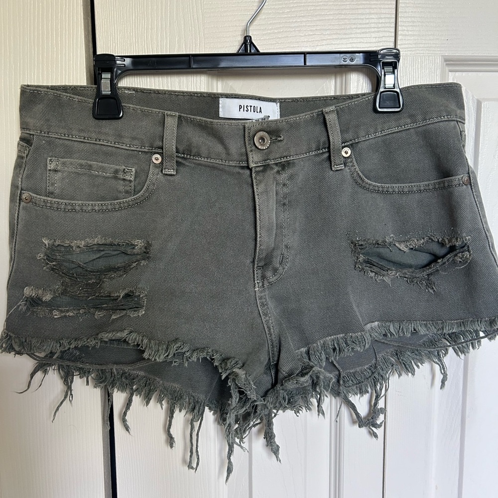 Pistola olive green cut off denim shorts size 29